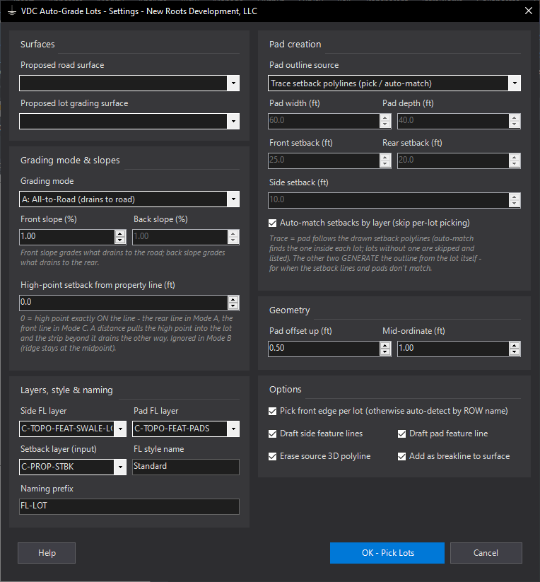 The VDC Auto-Grade Lots settings dialog: surfaces, grading mode and slopes, pad creation and layers